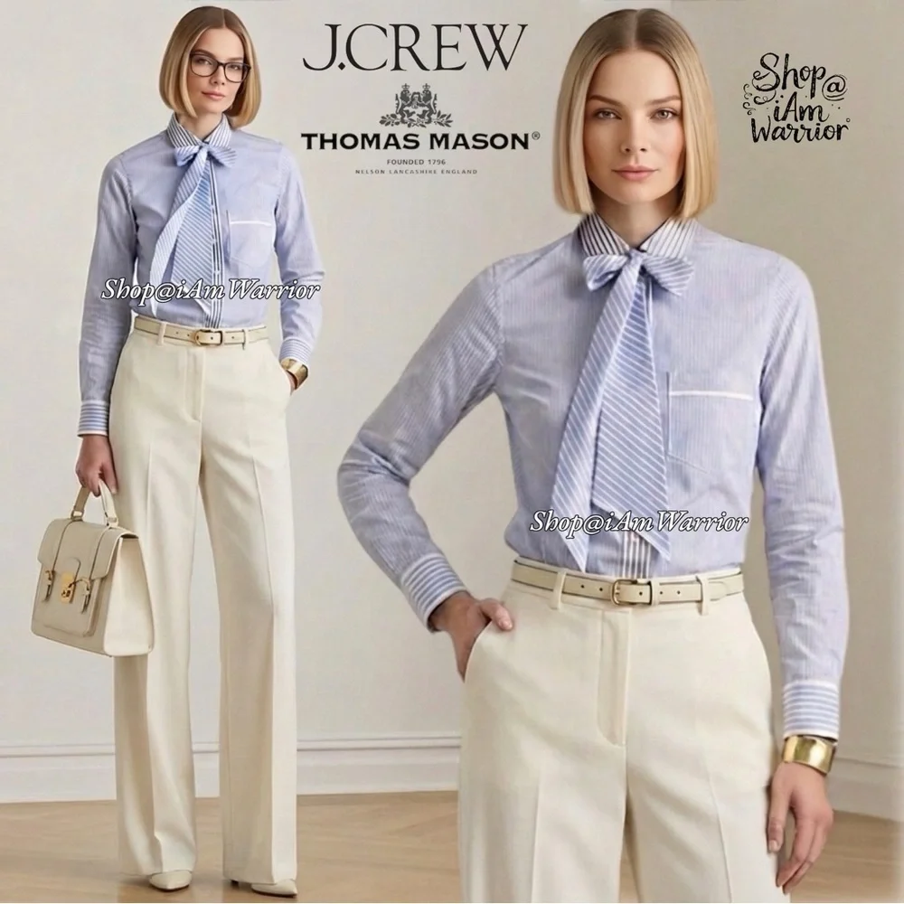 J.Crew Rare Thomas Mason Blue Stripe Tie-Neck Italian Cotton Button Down Shirt